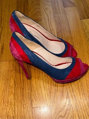 Michele Lopriore Color Block Suede Peep-Toe Heels Size 38